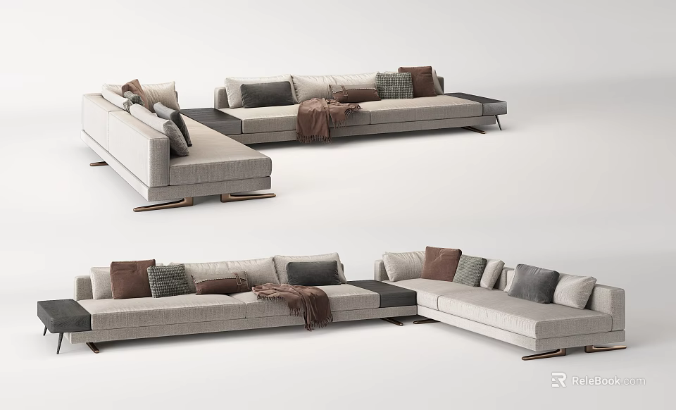 Modern Light Gray Sectional Sofa With Modular Design Pillows And Blanket 3d model