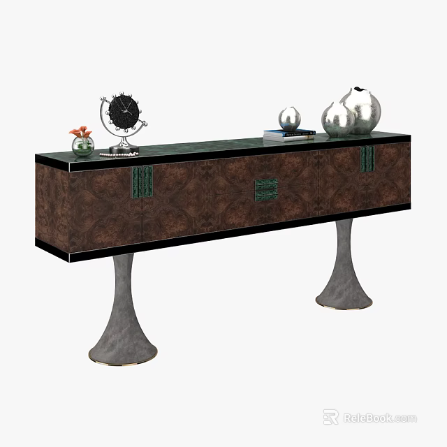 Elegant Decorative Cabinet With Green Top Wooden Body Metal Legs Globe Vase And Books 3d model 