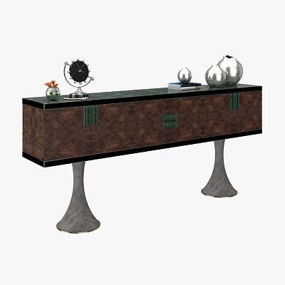 Elegant Decorative Cabinet With Green Top Wooden Body Metal Legs Globe Vase And Books 3d model