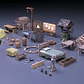 Ancient Rural Public Facilities Display With Wooden Tools Haystack Barrels Tables And Beds