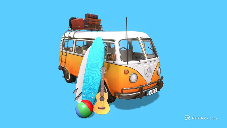 Orange and White Volkswagen Van With Luggage on Roof Surfboard Guitar and Beach Ball 3d model 
