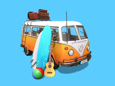 Orange and White Volkswagen Van With Luggage on Roof Surfboard Guitar and Beach Ball 3d model