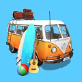 Orange and White Volkswagen Van With Luggage on Roof Surfboard Guitar and Beach Ball