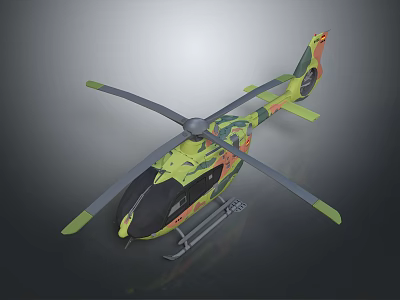 Green And Orange Camouflage Helicopter Model Featuring Rotor Blades And Detailed Body Design 3d model