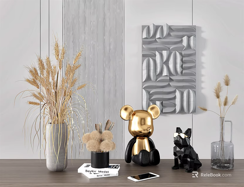 Ornament Combination Featuring Golden Mickey Head Black French Bulldog Dried Grass Vases Gray Decorative Painting 3d model 