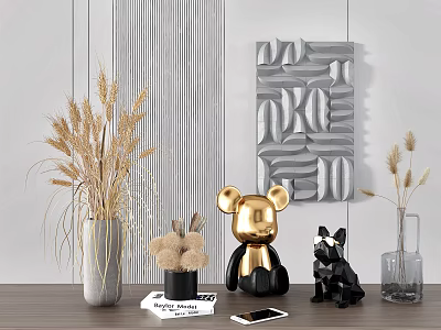 Ornament Combination Featuring Golden Mickey Head Black French Bulldog Dried Grass Vases Gray Decorative Painting 3d model