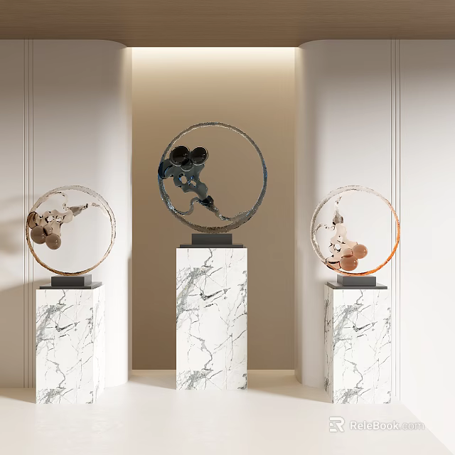 Modern Decorative Sculptures with Circular Design on Elegant Marble Pedestals 3d model