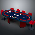 Stylish Poker Table With Red Chairs Chips And Playing Cards On Blue Felt Surface