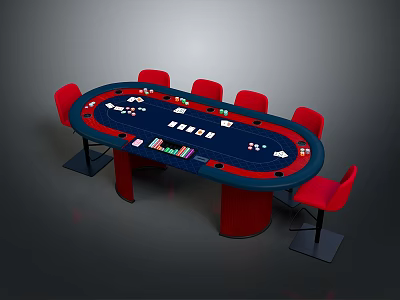 Stylish Poker Table With Red Chairs Chips And Playing Cards On Blue Felt Surface 3d model