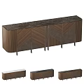 Modern Wooden Sideboard With Marble Top And Geometric Panel Design Featuring Metal Legs