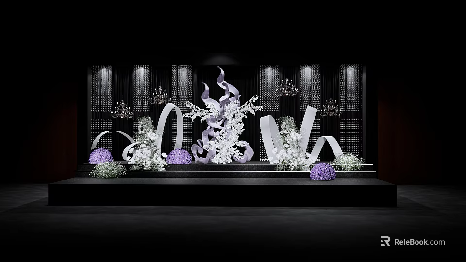Elegant Stage Decor With White Floral Arrangements Purple Accents Grid Background Chandeliers And Lighting 3d model 
