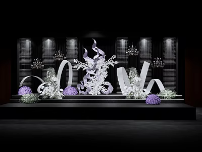 Elegant Stage Decor With White Floral Arrangements Purple Accents Grid Background Chandeliers And Lighting 3d model