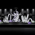 Elegant Stage Decor With White Floral Arrangements Purple Accents Grid Background Chandeliers And Lighting
