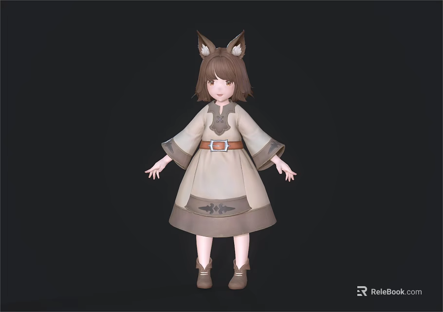 Woman Standing In Cute Dress With Animal Ears Long Sleeves Brown Belt And Shoes 3d model 