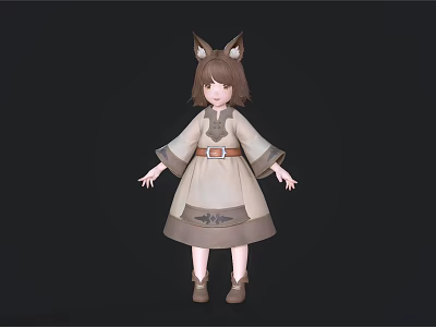 Woman Standing In Cute Dress With Animal Ears Long Sleeves Brown Belt And Shoes 3d model