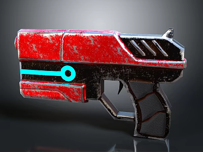 Futuristic Red Pistol With Blue Circular Accent And Metallic Black Details 3d model