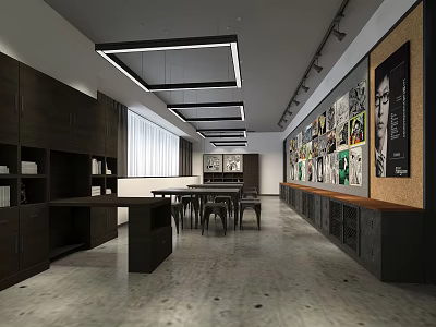School Learning Space With Bookshelves Tables Chairs Wall Posters And Lighting 3d model