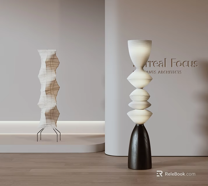 Modern Floor Lamp With Stacked White Shade Black Base And Wooden Frame Design 3d model 
