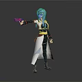 Anime Female Character With Blue Hair Holding Gun And Yellow Sash Outfit On Gray Background