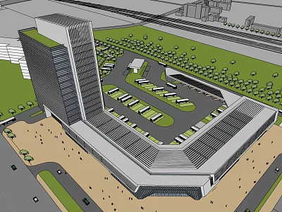 Modern Architectural Complex Featuring Tall Building Large Low-Rise Structure Parking Lot Greenery Roads And Pedestrians 3d model