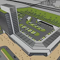 Modern Architectural Complex Featuring Tall Building Large Low-Rise Structure Parking Lot Greenery Roads And Pedestrians