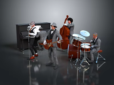 Stylish Game Movie Characters as Jazz Band Playing Piano Bass Guitar and Drums in Suits 3d model