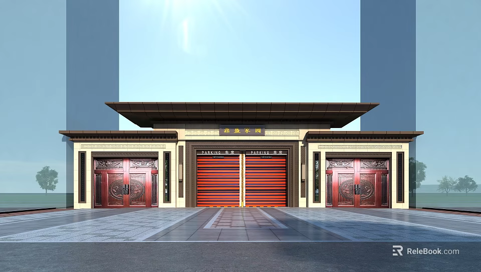 Chinese Style Entrance Gate With Carved Red Doors And Traditional Eave Design 3d model 