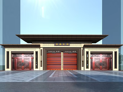 Chinese Style Entrance Gate With Carved Red Doors And Traditional Eave Design 3d model