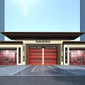 Chinese Style Entrance Gate With Carved Red Doors And Traditional Eave Design
