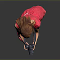 Red Dress Woman Holding Camera Against Grey Background With Pink Heels