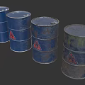 Set of Blue Oil Drums Featuring Red Warning Signs And Rusty Surfaces