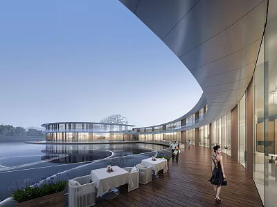 Modern Commercial Street Featuring Curved Architecture Waterfront Deck Outdoor Seating And Pedestrians 3d model