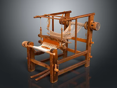 Antique Wooden Loom Structure With Wooden Frame Yarn And Woven Fabric 3d model