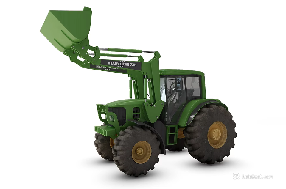 Green Tractor With Front Loader Bucket And Large Tires For Utility Work 3d model
