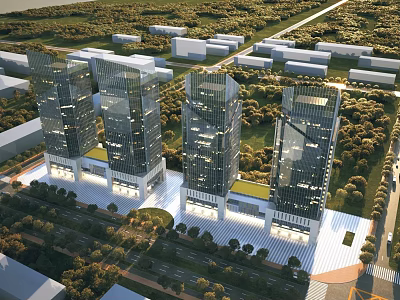 Modern High Rise Office Complex With Glass Curtain Walls And Surrounding Greenery 3d model