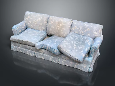 Multi Seater Sofa With Light Blue Floral Pattern Cushioned Seats Backrests And Skirted Base 3d model