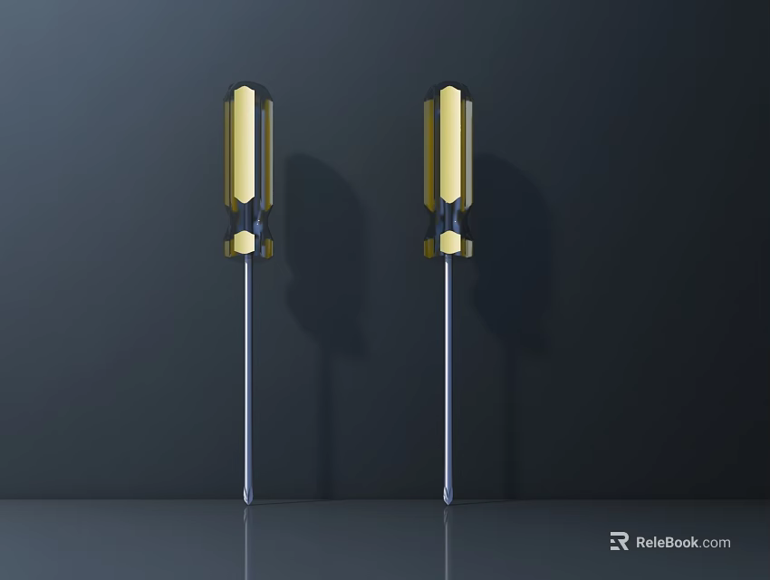 Two Golden Handle Screwdrivers Hardware Tools With Black Background And Reflection 3d model 