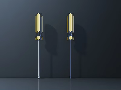 Two Golden Handle Screwdrivers Hardware Tools With Black Background And Reflection 3d model