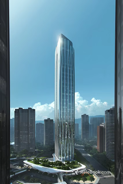 Modern High Rise Office Building With Glass Curtain Wall Against Urban Skyline And Blue Sky 3d model 