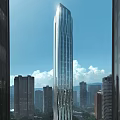 Modern High Rise Office Building With Glass Curtain Wall Against Urban Skyline And Blue Sky