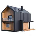 Modern Detached Villa With Black Metal Exterior Wooden Elements And Glass Railing Balcony