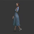 Smiling woman in blue collared short sleeve buttoned dress on dark background raising one hand