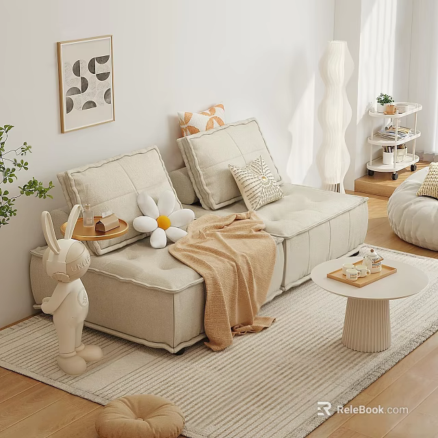 Cozy Beige Two-Seater Sofa With Pillows Blanket Small Coffee Table And Green Plant 3d model 