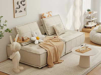 Cozy Beige Two-Seater Sofa With Pillows Blanket Small Coffee Table And Green Plant 3d model