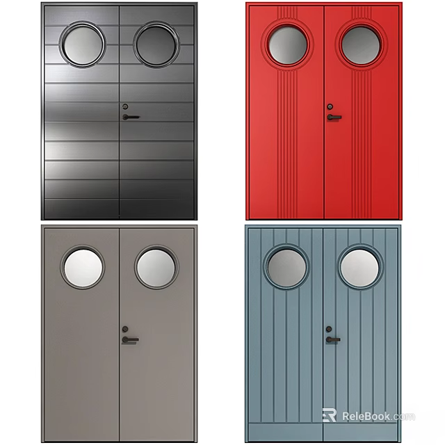 Multiple Colored Swing Doors With Circular Windows And Striped Panel Design 3d model 