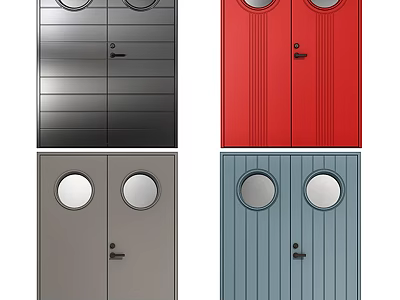 Multiple Colored Swing Doors With Circular Windows And Striped Panel Design 3d model