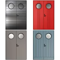 Multiple Colored Swing Doors With Circular Windows And Striped Panel Design