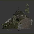 Scenic Miniature Landscape With Rustic House Pine Trees Rocks And Wooden Path