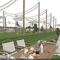 Garden Landscape With Green Lawn White Chairs Sunshades Decorative String Lights And Outdoor Dining Table