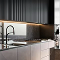 Modern Kitchen Interior With Gray Cabinets Island Counter Black Vertical Striped Backsplash And Appliances